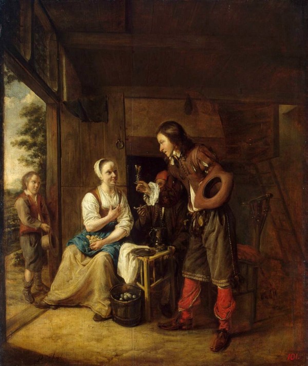 Man offering a glass of wine to a woman by Pieter de Hooch